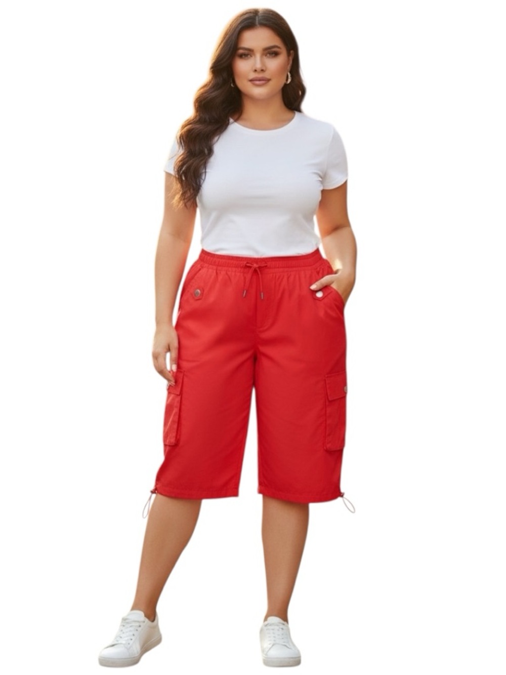 Plus-Size Red Cargo Drawstring Bermuda Shorts Stretch 1X
